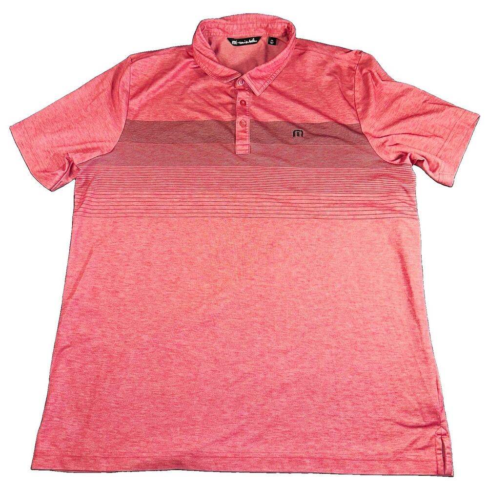 TravisMathew Men XXL Golf Polo Shirt Heather Coral Red Chest Stripe Pima Cotton
